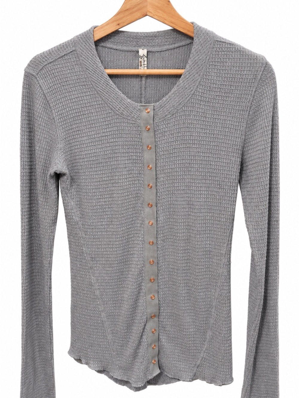 Free People Gray Waffle Knit Long-Sleeve Snap Front Top